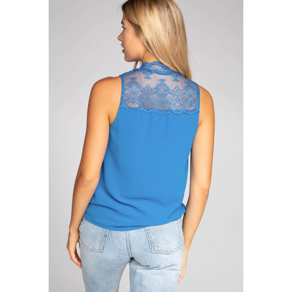 Halter Mock Neck With Lace Trim-Blue Hand Home