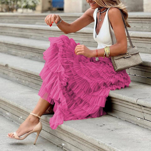 Elastic waist ruffle tulle maxi skirt-Blue Hand Home