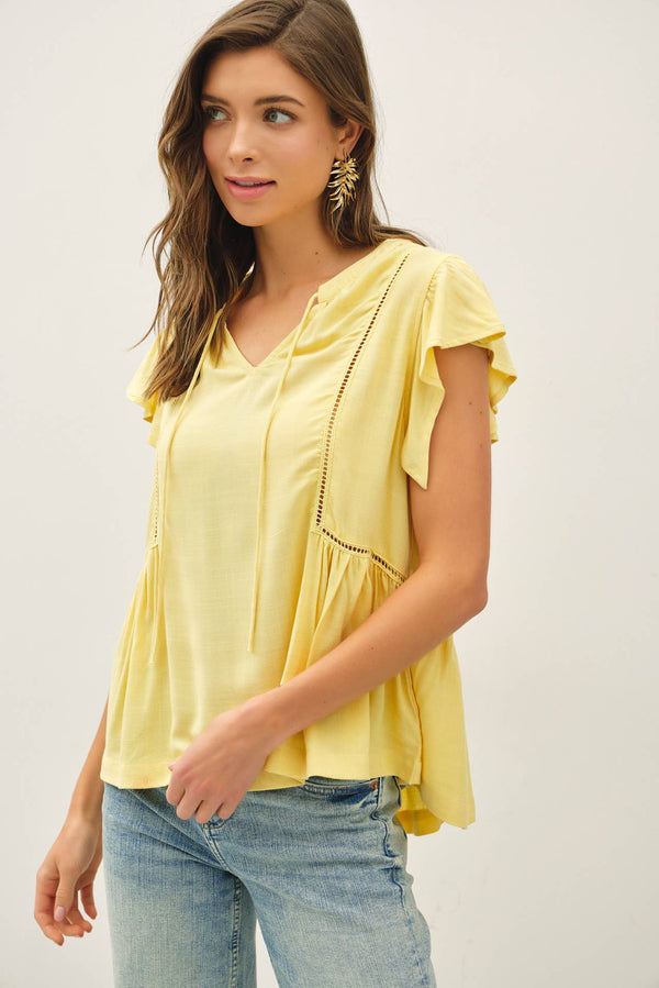 TIE FRONT RUFFLE SLEEVE TOP-Blue Hand Home