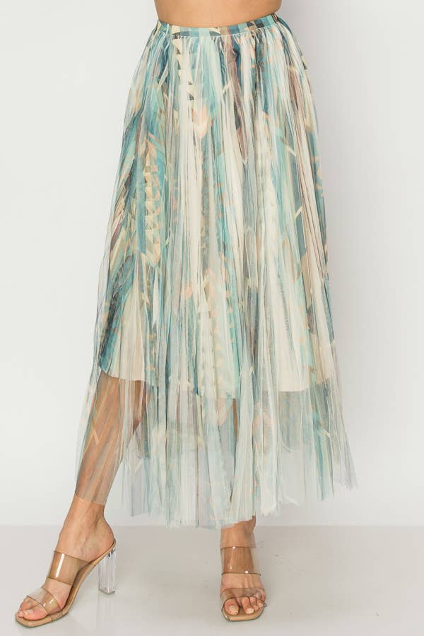 Chic Lined Pleated Tulle Midi Skirt With Elastic Waist - 4034 BG/DD NAVY FL-Blue Hand Home