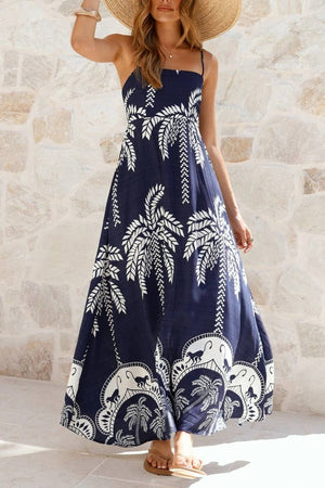 Tropical vacation palm print A-line strappy maxi dress-Blue Hand Home