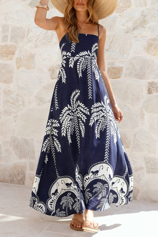 Tropical vacation palm print A-line strappy maxi dress-Blue Hand Home