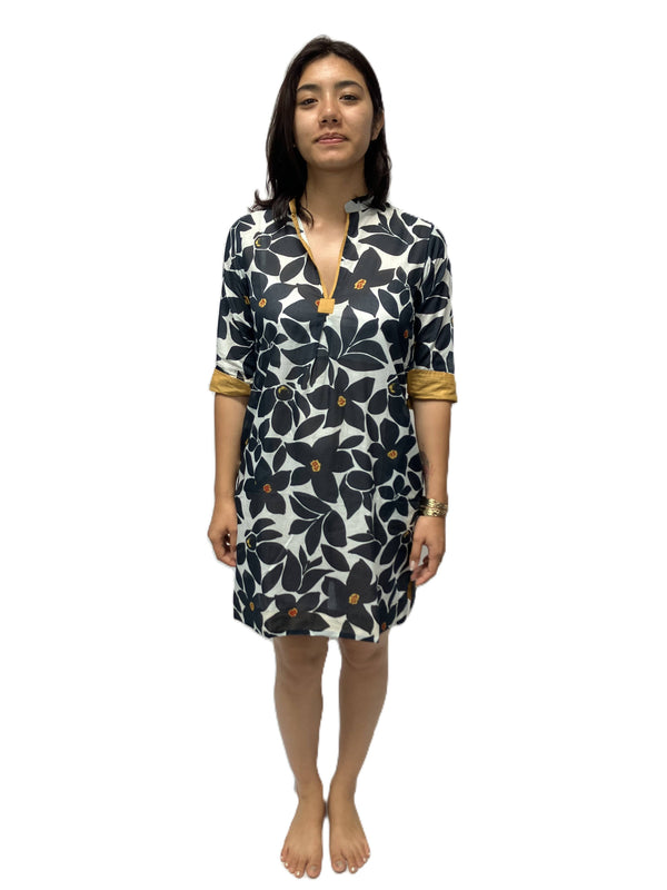 Amelia Dress-Beige Black-Blue Hand Home