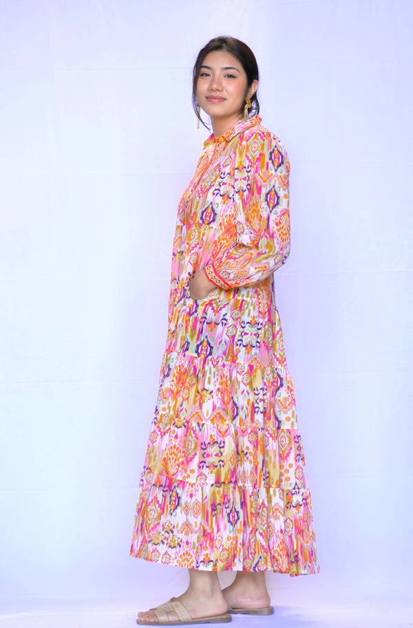 Demi Ikat Dress Gold Multi -Blue Hand Home