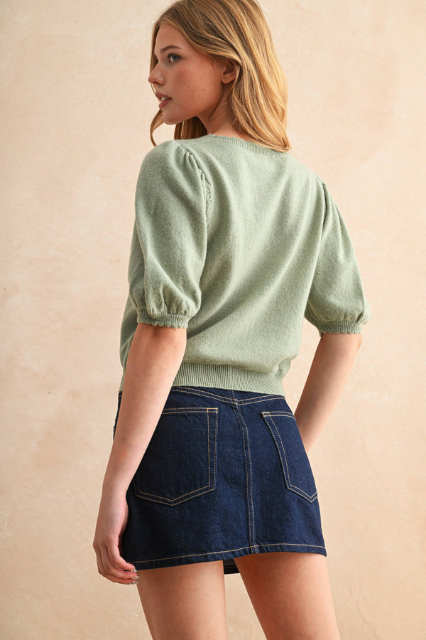 J5056 PUFF SHORT SLEEVE BUTTON DOWN KNIT CARDIGAN-Blue Hand Home