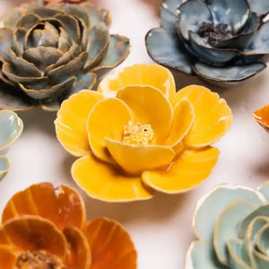 Yellow Poppy Ceramic Flower Wall Hangings - Handmade Boxed-Blue Hand Home