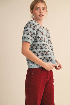 FLORAL SHORT SLEEVE SWEATER CARDIGAN MSW11259-Blue Hand Home