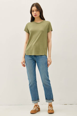 LINEN CLASSIC ROUND NECK SPLIT HEM T-SHIRT-Blue Hand Home