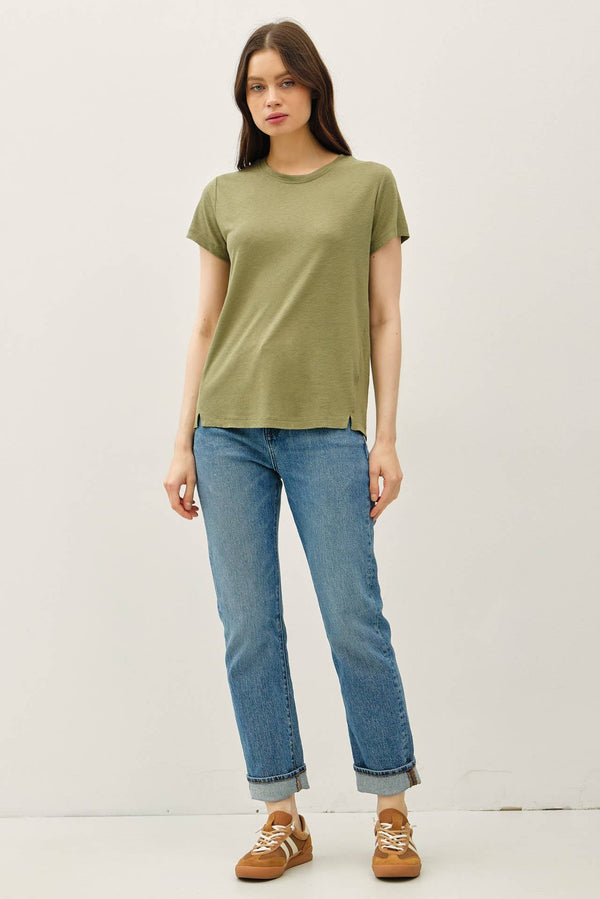 LINEN CLASSIC ROUND NECK SPLIT HEM T-SHIRT-Blue Hand Home