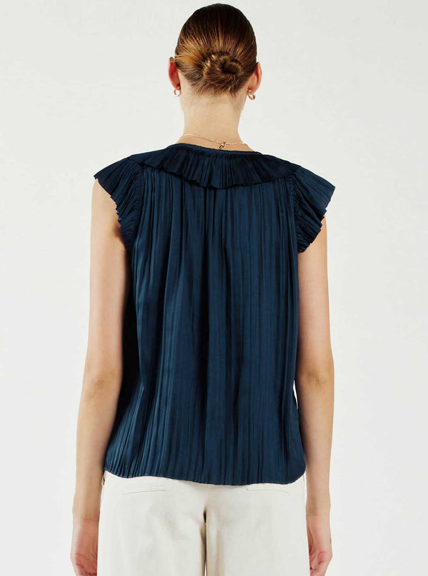 Button Front Pleated Blouse-Blue Hand Home
