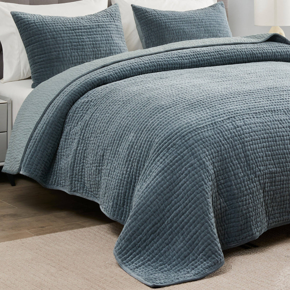 Tamara Velvet Quilt Set-Blue Hand Home