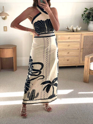 Unique Seashell Print Halterneck Maxi Dress-Blue Hand Home