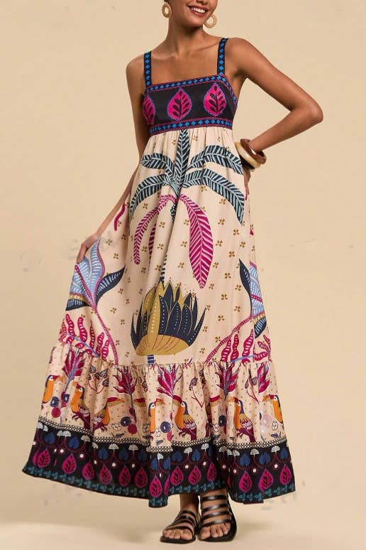 2025 SUMMER Bohemia Tropical totem print strappy flare dress-Blue Hand Home