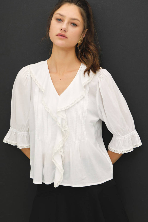Vintage Ruffled Pintuck Blouse Top-Blue Hand Home