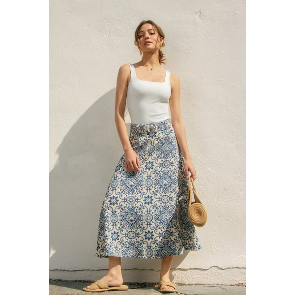 Summer In Capri Buckled A Line Midi Skirt-Blue Hand Home