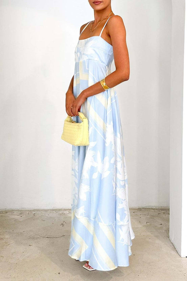 2025 Tropical botanical Floral thin strap flare swing dress-Blue Hand Home