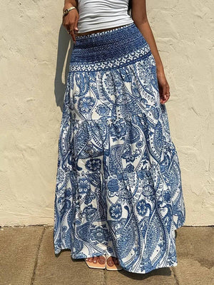 Smocked Elastic Beach Paisley Print Tiered Maxi Skirt-Blue Hand Home