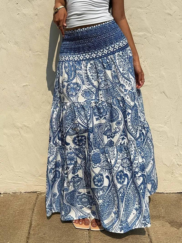 Smocked Elastic Beach Paisley Print Tiered Maxi Skirt-Blue Hand Home