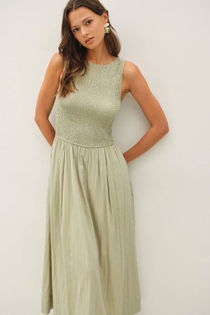 Smocked Bodice Boatneck Tank Midi Dress-Blue Hand Home