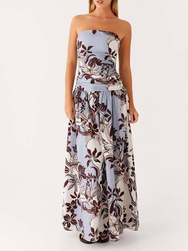 Exquisite floral & botanical strapless maxi cocktail dress-Blue Hand Home