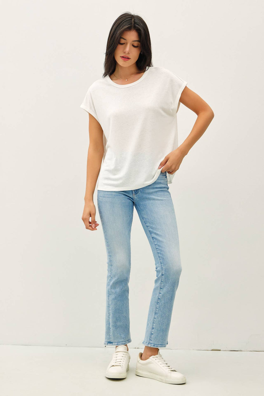 LINEN BLENDED BASIC CAP SLEEVE BOXY TEE-Blue Hand Home