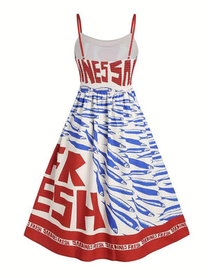 Vacation ocean fish print strap dress back elastic-Blue Hand Home
