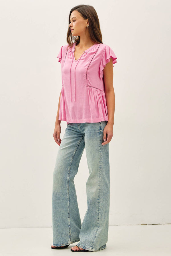 TIE FRONT RUFFLE SLEEVE TOP-Blue Hand Home