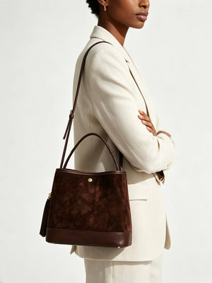 Large Suede Bucket Bag With Genuine Leather Details