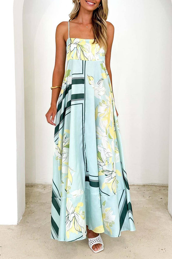 2025 Tropical botanical Floral thin strap flare swing dress-Blue Hand Home