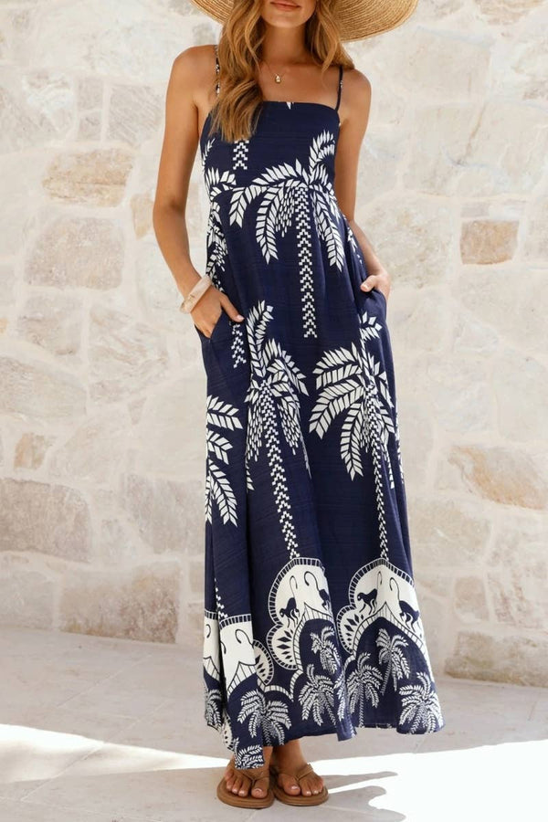 Tropical vacation palm print A-line strappy maxi dress-Blue Hand Home