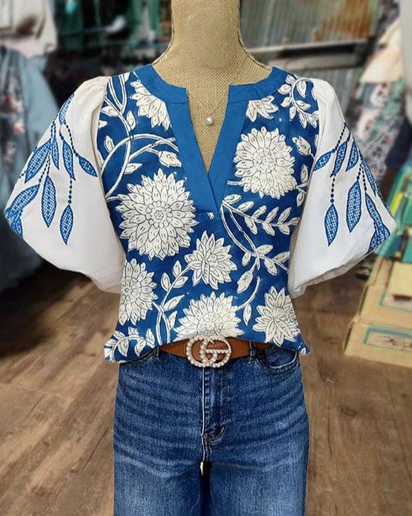 Boho Blue & White Floral Print Puff Sleeve V-Neck Blouse-Blue Hand Home