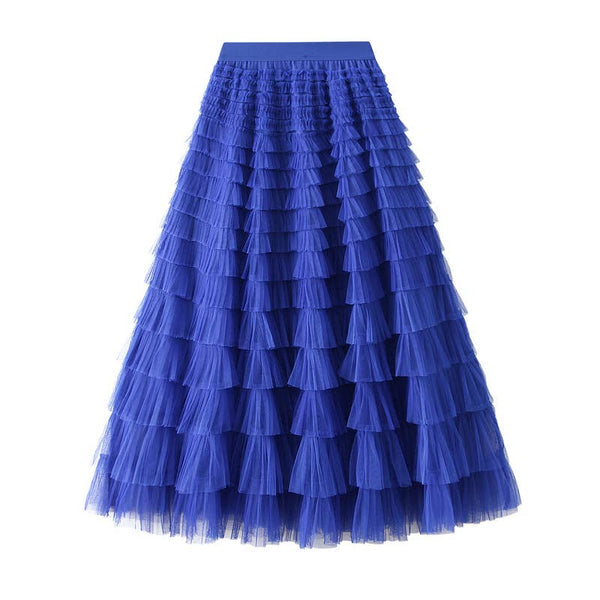 Chic Elastic Waist Tulle Tutu Midi Skirt-Blue Hand Home