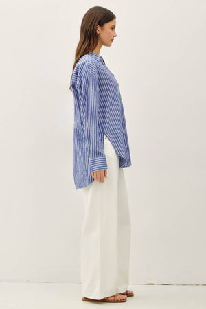COTTON LINEN BLEND LONG SLEEVE BUTTON UP SHIRT-Blue Hand Home