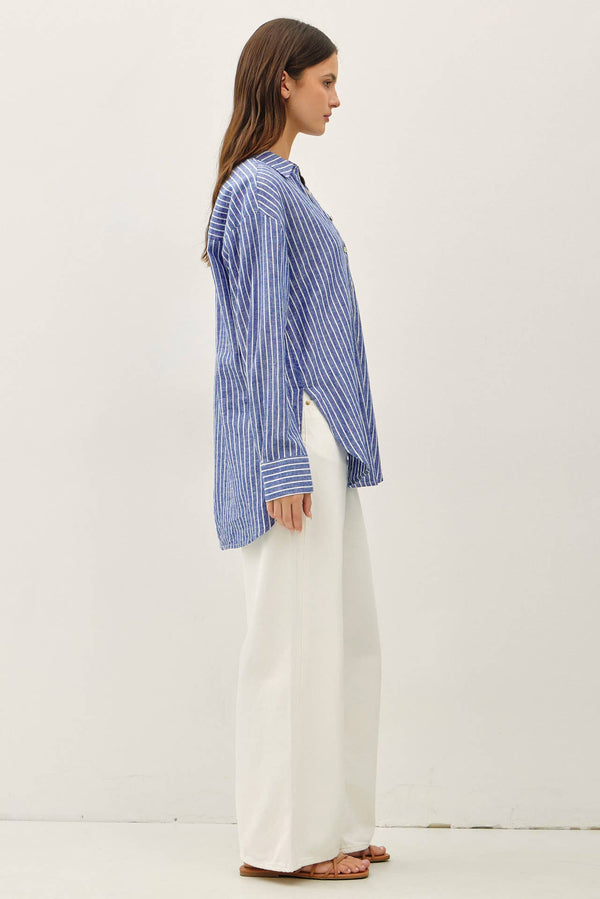 COTTON LINEN BLEND LONG SLEEVE BUTTON UP SHIRT-Blue Hand Home