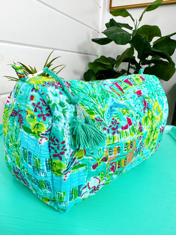 Quilted Cosmetics Makeup Toiletry Bag - Southern Town Print-Blue Hand Home