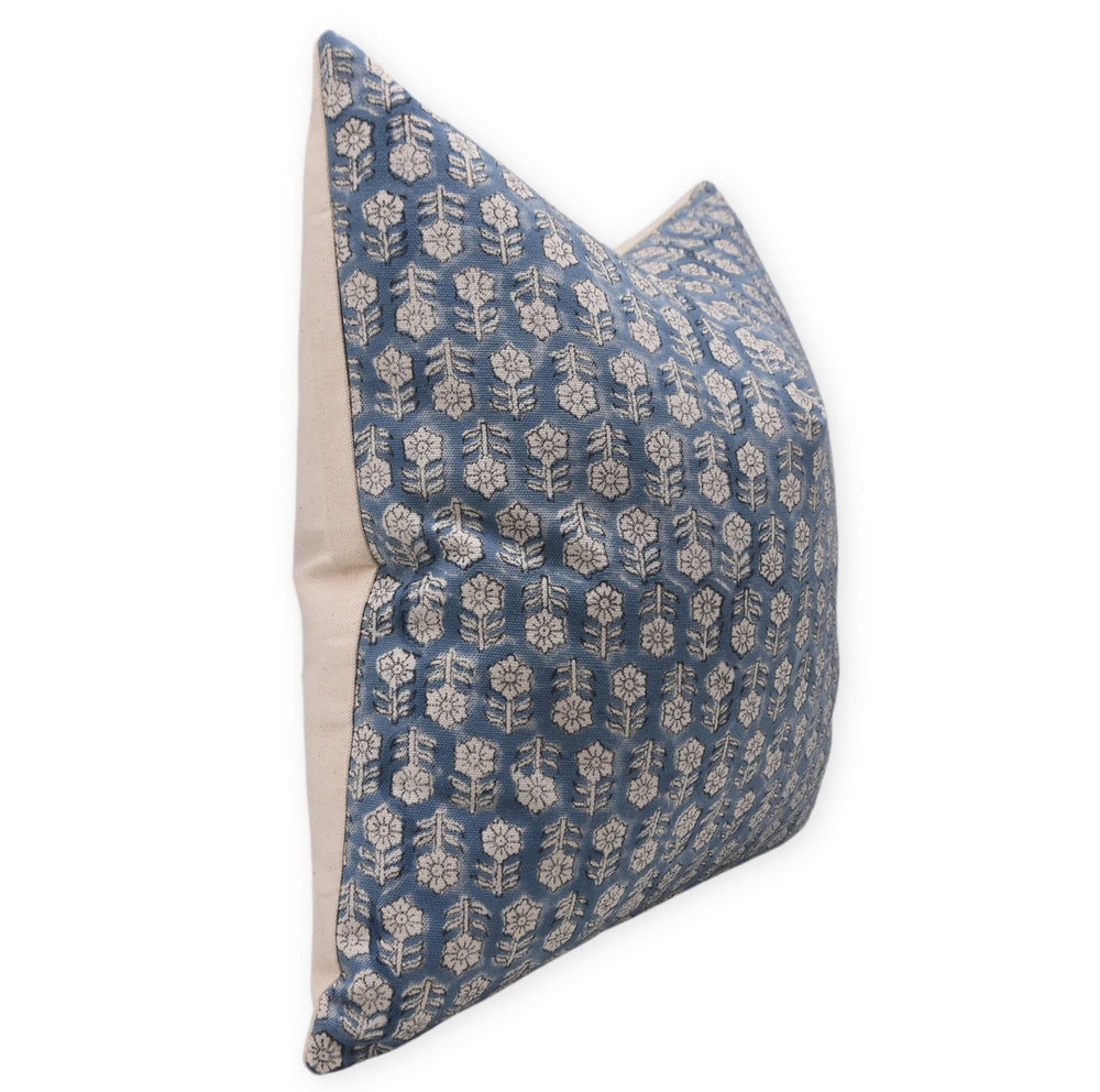 Stylish Block Printed Duck Canvas Pillow Cover - Tulsi Buti-Blue Hand Home