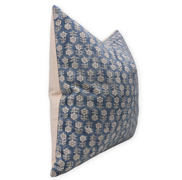 Stylish Block Printed Duck Canvas Pillow Cover - Tulsi Buti-Blue Hand Home