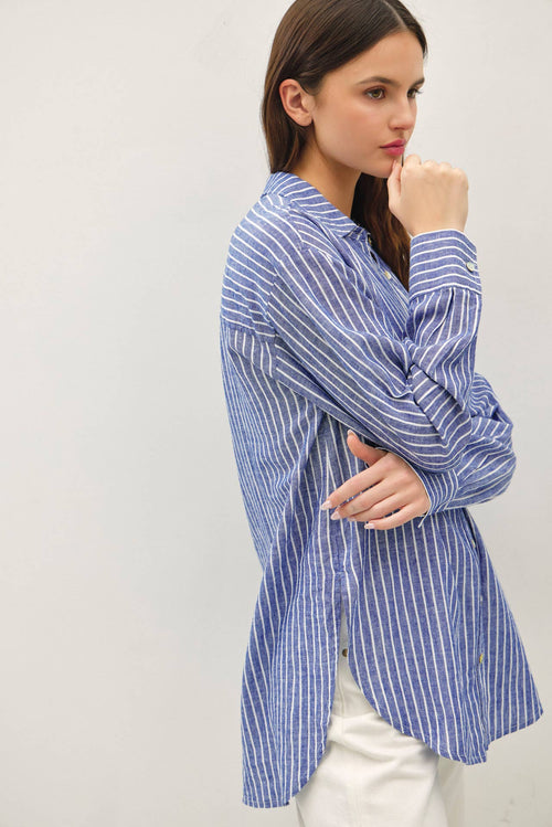 COTTON LINEN BLEND LONG SLEEVE BUTTON UP SHIRT-Blue Hand Home