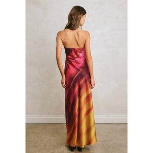 Watercolor Stripe Satin Strapless Bias Cut Maxi Dress-Blue Hand Home