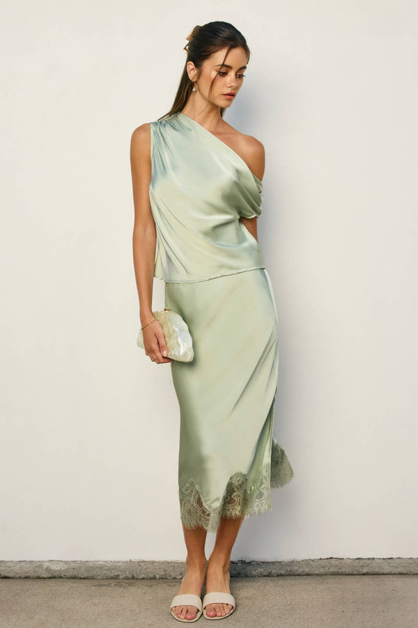 Dull Satin Lace Hem Pencil Skirt-Blue Hand Home