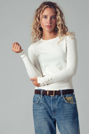 Polished Button Cuff Slim Knit Top-Blue Hand Home