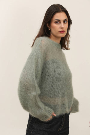 Round neck long sleeve sweater in 80% kid mohair-Blue Hand Home