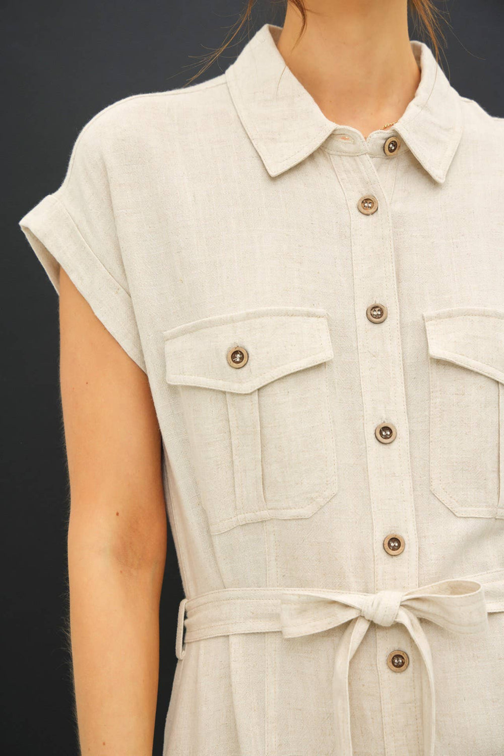 BUTTON UP MIDI DRESS W/ UTILITY STYLE POCKETS-Blue Hand Home