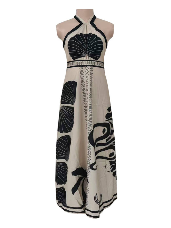 Unique Seashell Print Halterneck Maxi Dress-Blue Hand Home