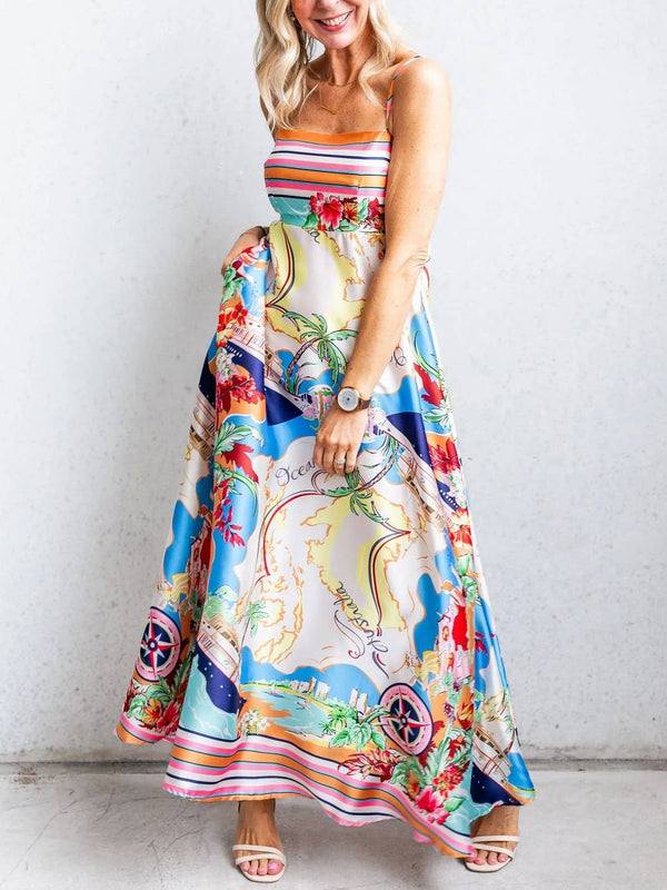 Resort High-Waisted Printed Large Swing Slip Dress-Blue Hand Home