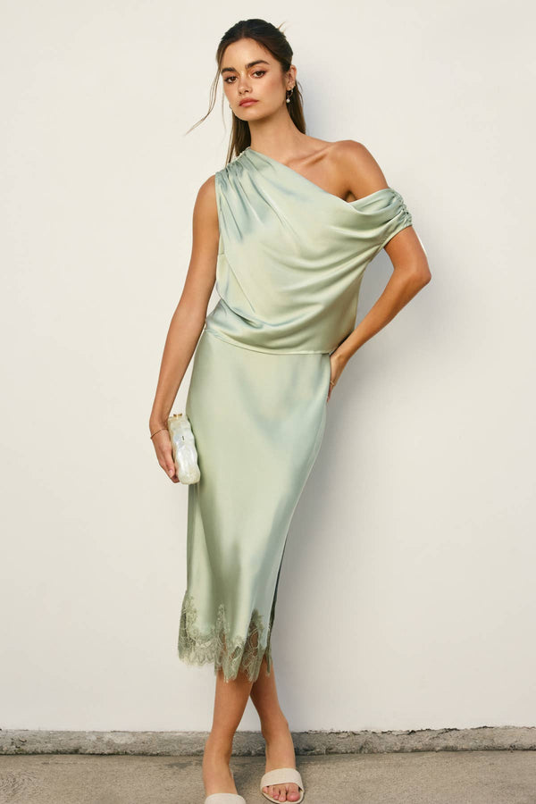 Dull Satin Lace Hem Pencil Skirt-Blue Hand Home