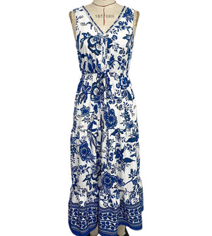 Vintage Holiday Floral Print Vest Dress-Blue Hand Home