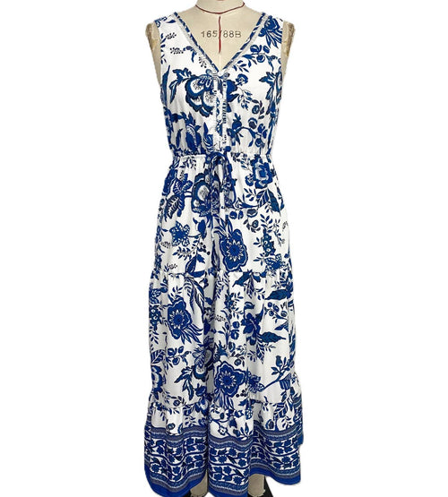 Vintage Holiday Floral Print Vest Dress-Blue Hand Home