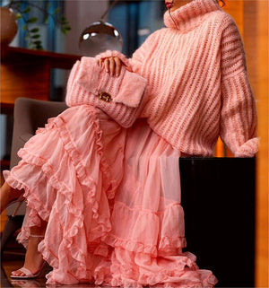 Knitted fluffy turtleneck sweater-Blue Hand Home