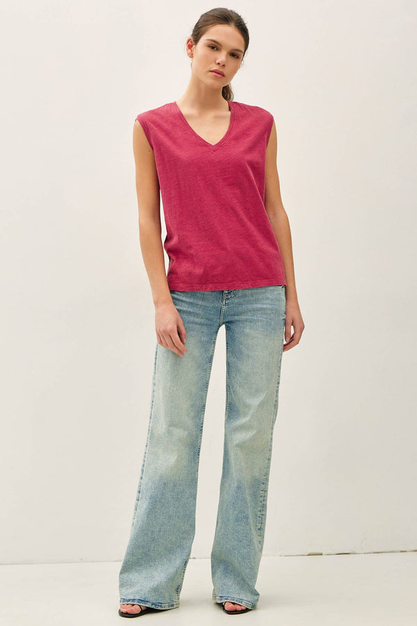 GARMENT DYE COTTON SLUB V-NECK BOXY TANK TEE-Blue Hand Home